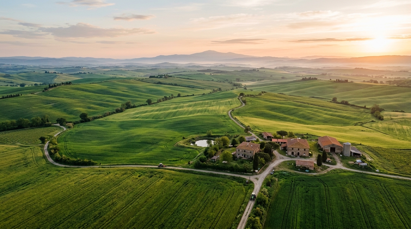 Green agricultural field at sunset