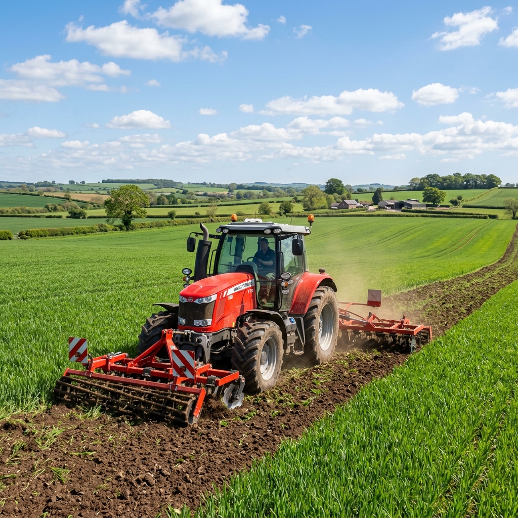 Farm machinery in lush field